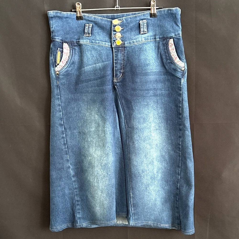 Mara Divine Blue Denim Embellished Midi Skirt Womens Plus Size 16 High Waist Y2K - Picture 2 of 11